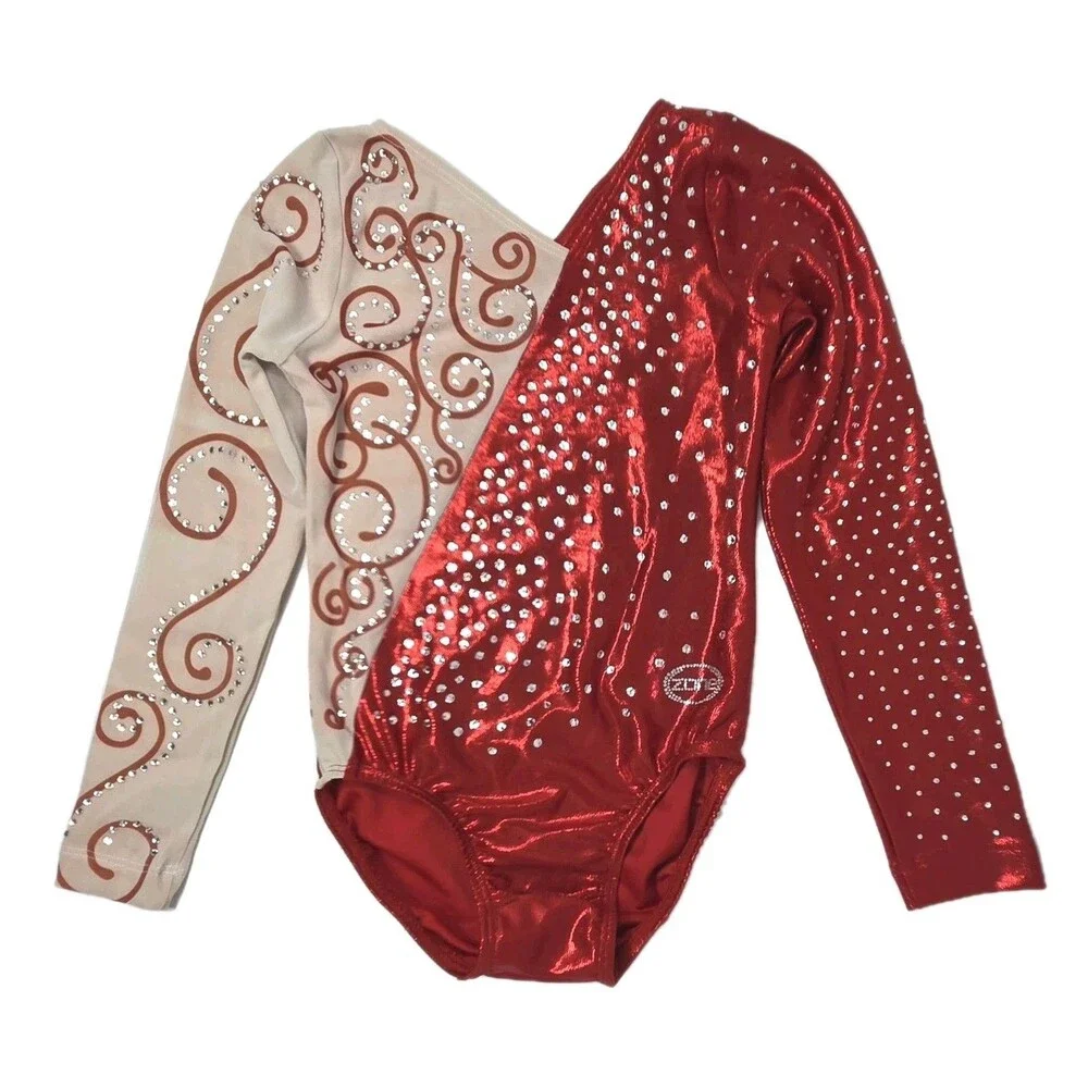 Ozone Competition Leotard Bling Vneck LS Size YL Youth Large NWOT Red 64650